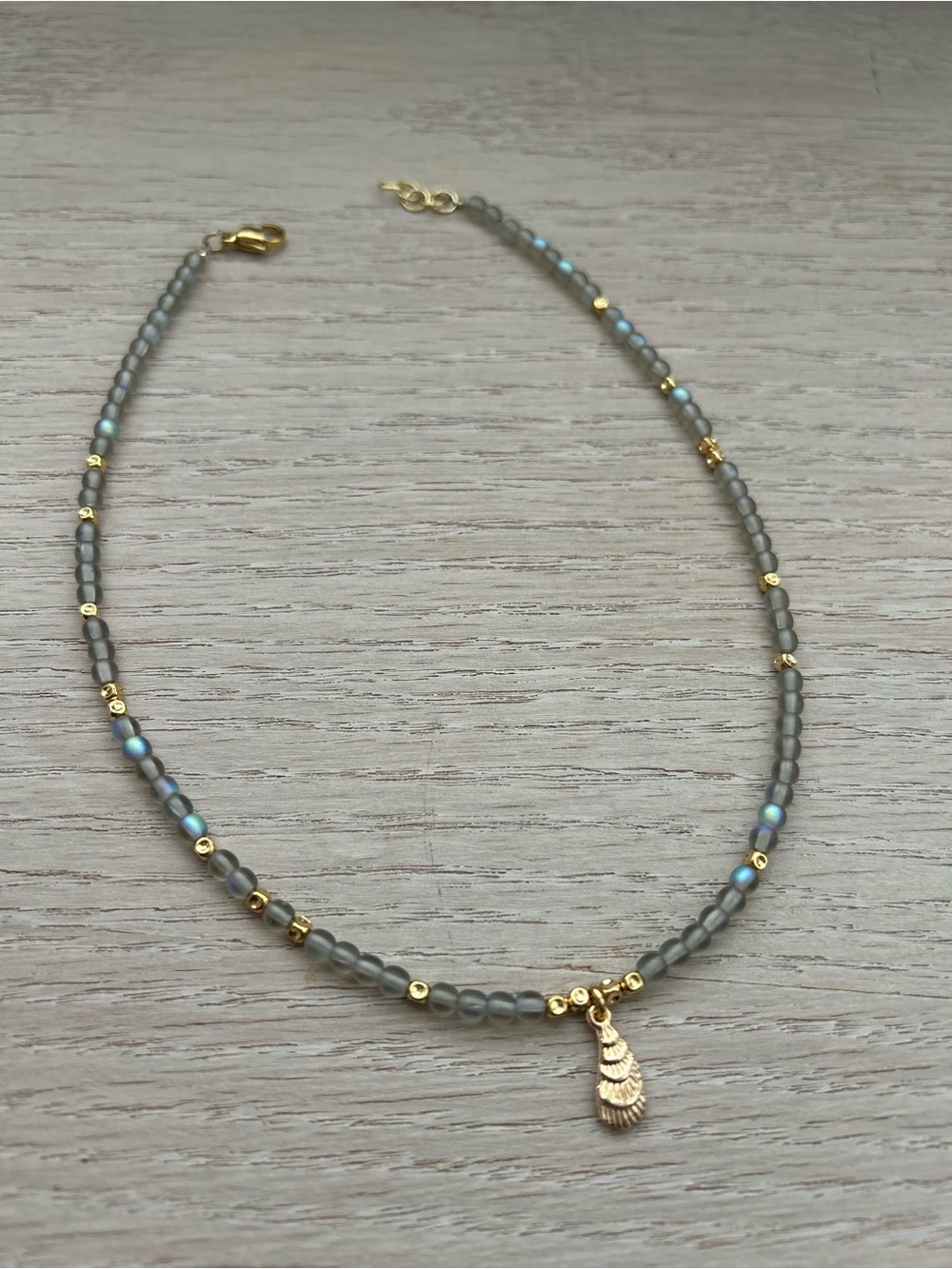 Handmade Gold and Gray Beaded Necklace with Shell Charm - Women Jewelry